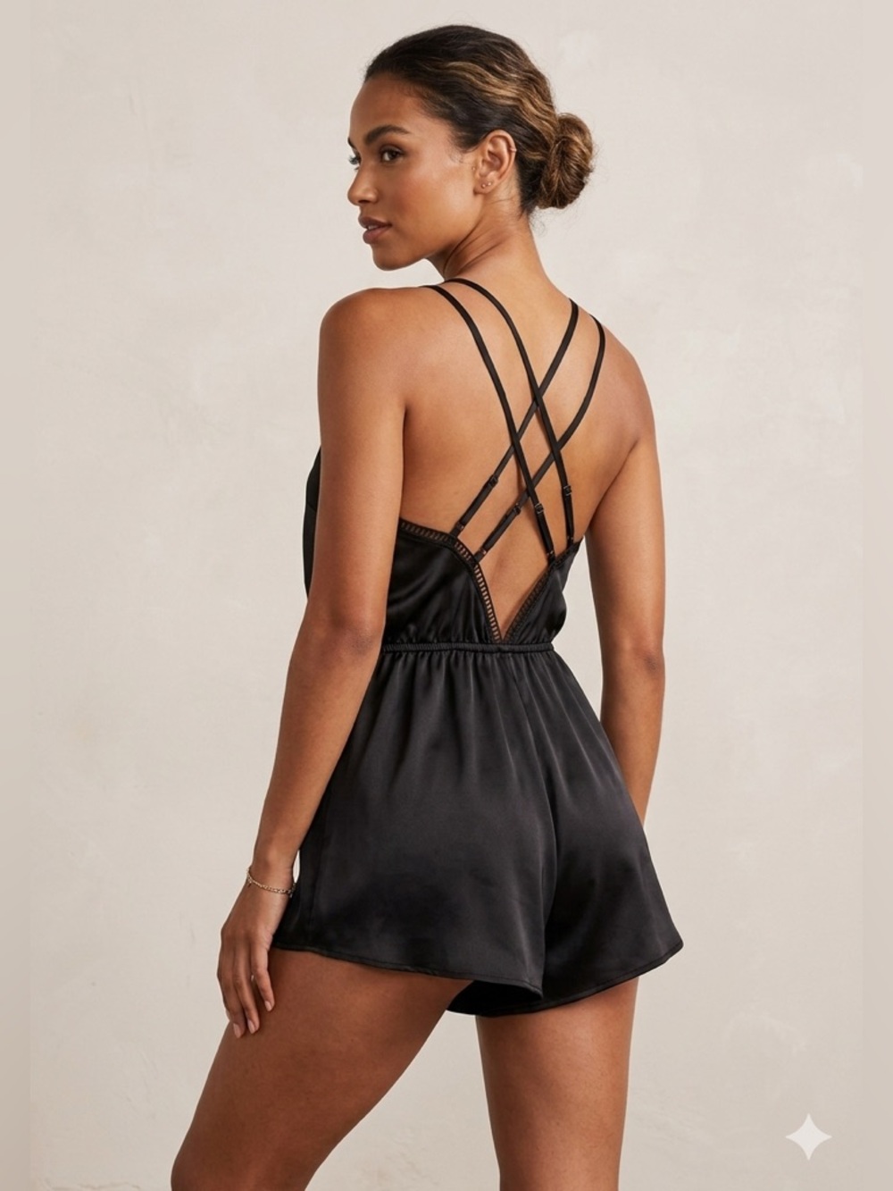 Showpo Strappy Elegant Black Satin Shortall with Gathered Waist, Deep V to Waist